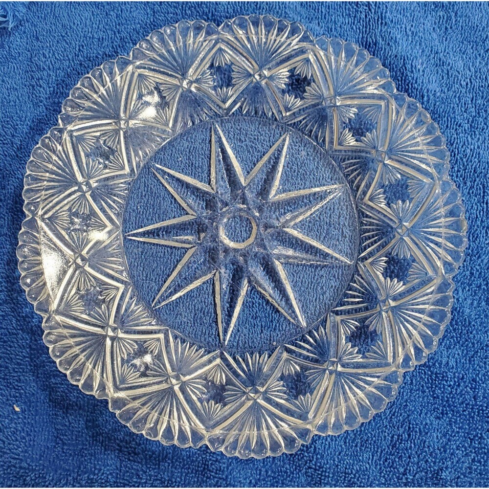 vintage pressed glass dessert plate featuring the "Hobstar" pattern